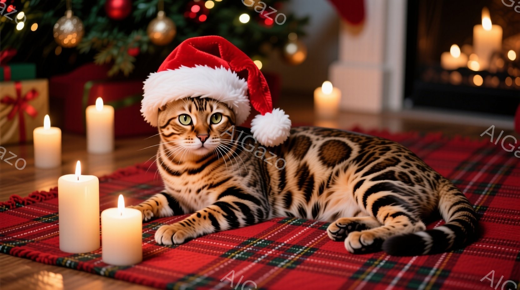 斑模様の猫が赤いサンタ帽をかぶり、赤いチェックの毛布の上に横たわっています。周りには点灯した白いキャンドルが置かれ、背景にはクリスマスツリーと暖炉が見え、温かい光が広がっています。全体的に、猫がリラッ - AI生成フリー素材