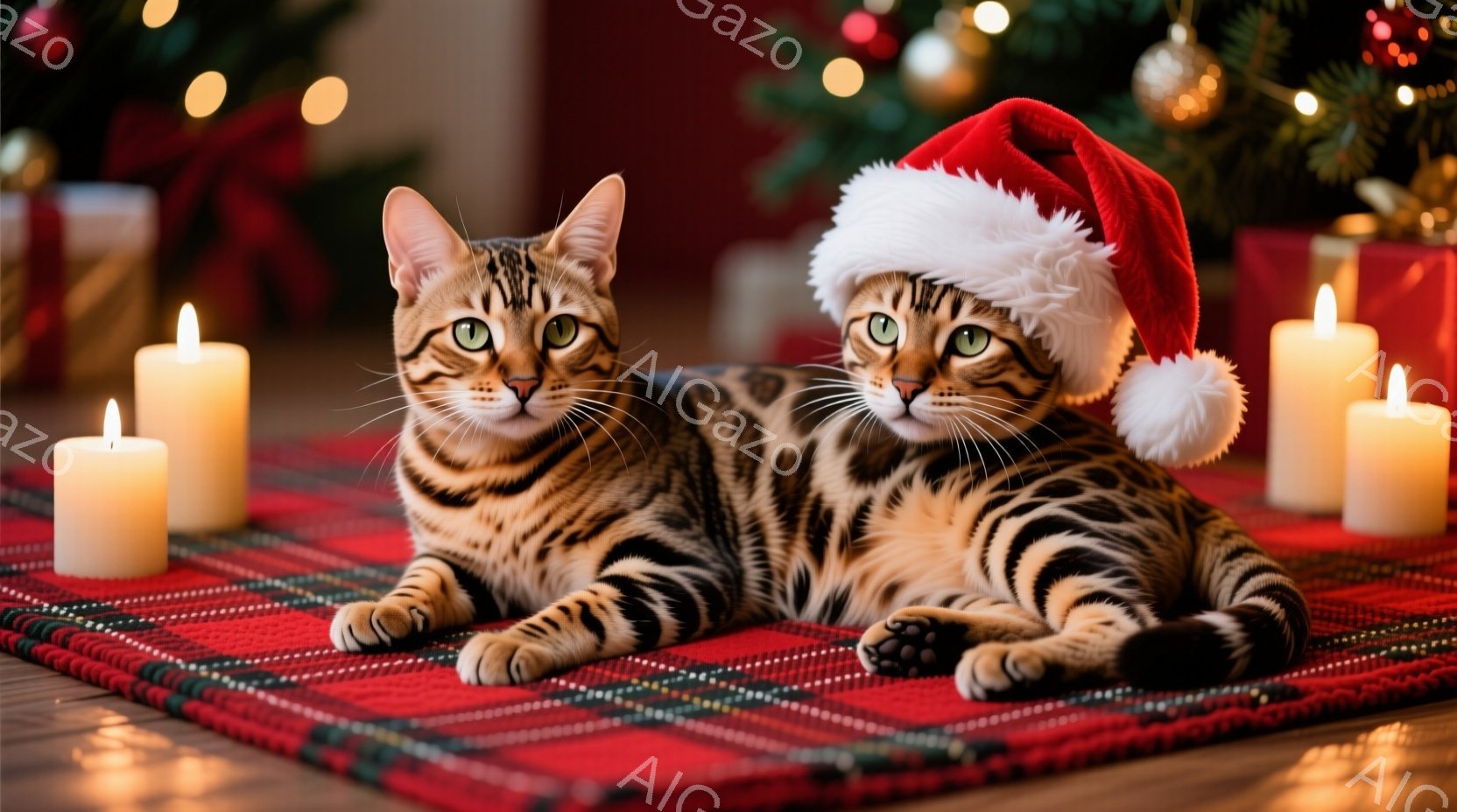 縞模様の猫二匹が赤いタータン柄の敷物の上でリラックスしています。一匹は赤いサンタ帽をかぶっており、もう一匹は帽なしで、どちらも少し退屈そうな表情をしています。背景にはぼやけたクリスマスツリーと、周囲を - AI生成フリー素材