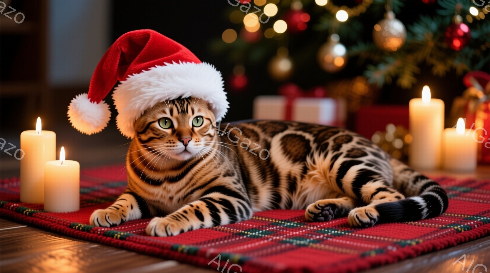 茶色と黒の縞模様の猫が、赤いサンタ帽を被って床に横たわっています。周囲には数本の白いロウソクが灯り、背景にはぼやけたクリスマスツリーとプレゼントが見えます。温かい光とクリスマスらしい装飾が、猫の愛らし - AI生成フリー素材
