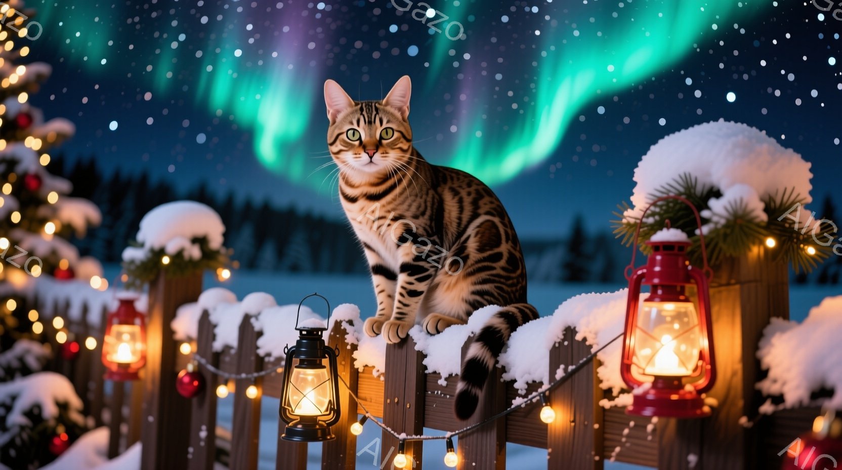 縞模様の猫が雪に覆われた木の柵の上に座ってこちらを見ています。背景には、クリスマスツリーや赤いランタンが飾られた雪景色が広がり、オーロラのような光が夜空を彩っています。全体的に、暖かく幻想的な冬の雰囲 - AI生成フリー素材