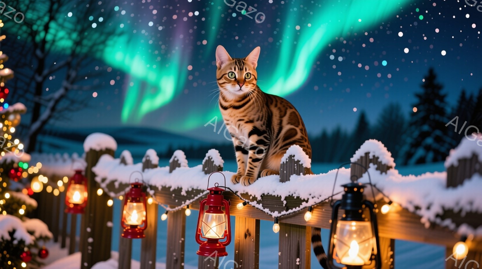 雪に覆われた木の柵の上に、斑点模様の猫が座っています。背景にはオーロラが輝き、周囲には赤い灯篭が並び、冬の夜の幻想的な雰囲気を醸し出しています。猫は前方をまっすぐ見つめ、静かで落ち着いた表情をしています。
