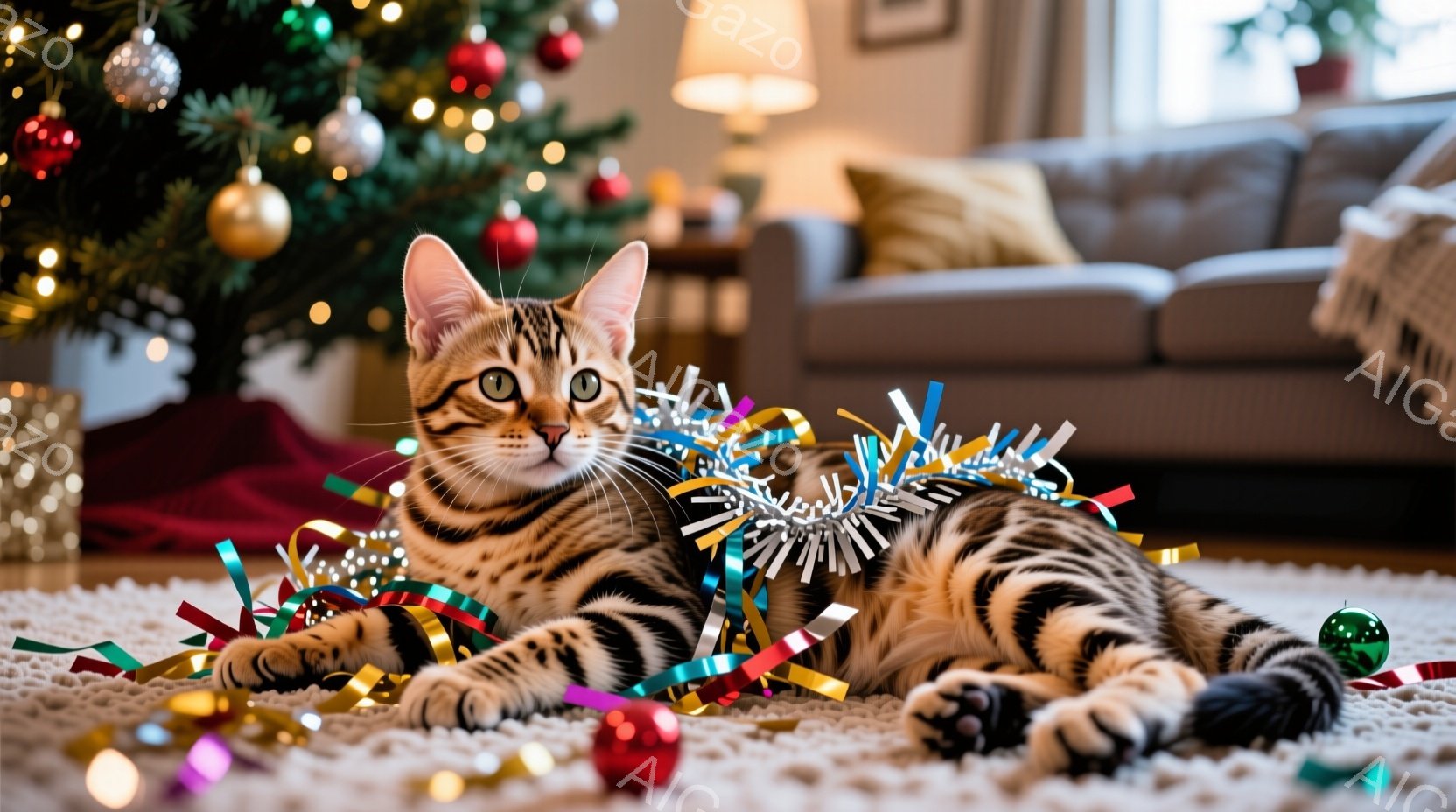 縞模様の猫が、クリスマスツリーの周りの敷物の上に横たわっており、カラフルなリボンや飾りで覆われています。猫はリラックスした表情で、リボンに興味を示すような視線を送っています。背景には、装飾されたクリス - AI生成フリー素材