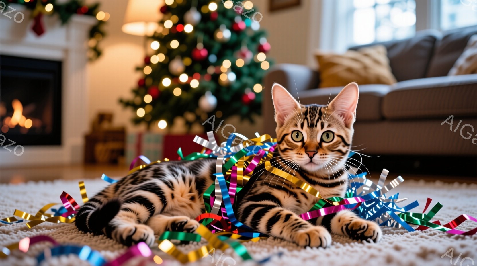 縞模様の猫が、クリスマスの飾り付けがされた部屋の中央で、カラフルなリボンに囲まれて横たわっています。猫は前足を組み、まっすぐカメラを見つめ、リラックスした表情をしています。背景には、光り輝くクリスマス - AI生成フリー素材