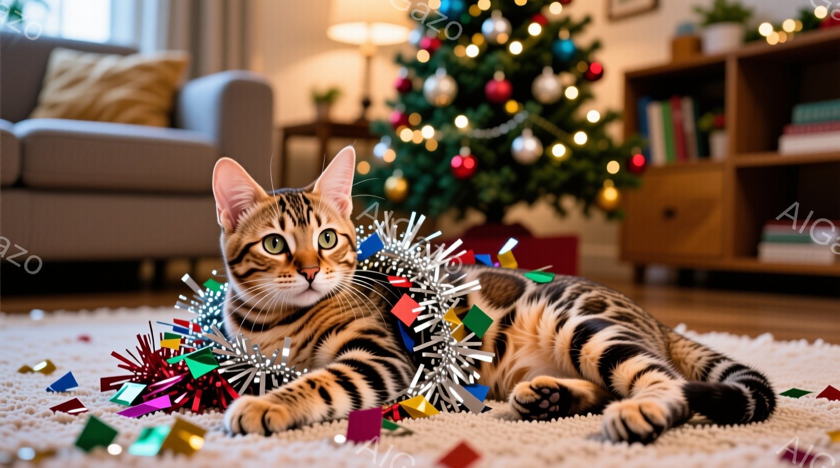 縞模様の猫が白いカーペットの上に横たわり、クリスマスツリーの飾り付けが散らばった中にいます。猫はリラックスした表情で、片方の前足を伸ばし、好奇心旺盛な目でカメラを見つめています。背景には、装飾されたク - AI生成フリー素材