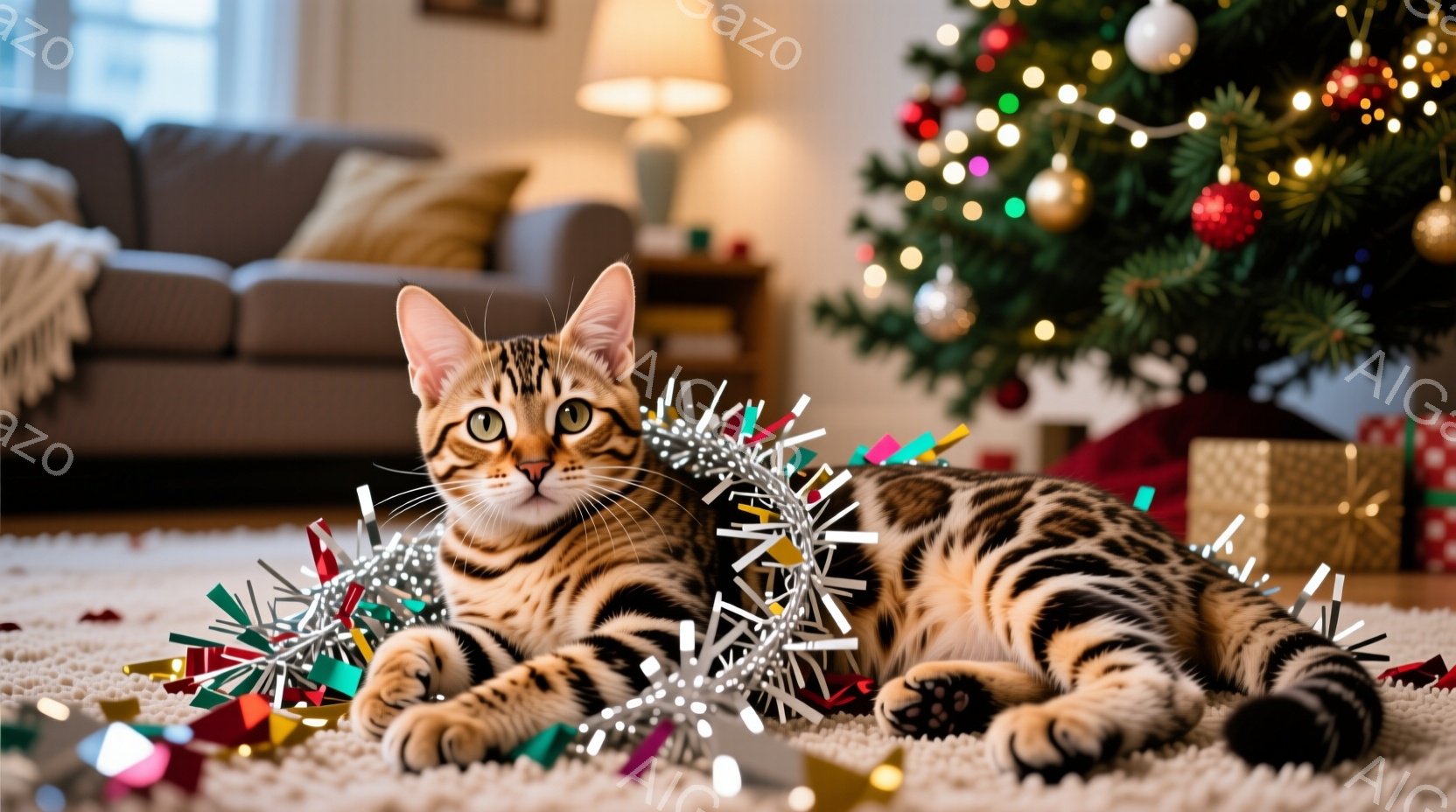 暖炉のあるリビングルームで、斑模様の大きな猫がカーペットの上に横たわっています。猫は銀色の飾り付けに囲まれており、リラックスした表情でこちらを見ています。背景にはクリスマスツリーとプレゼントの山があり、暖かくお祝いの雰囲気が漂っています。