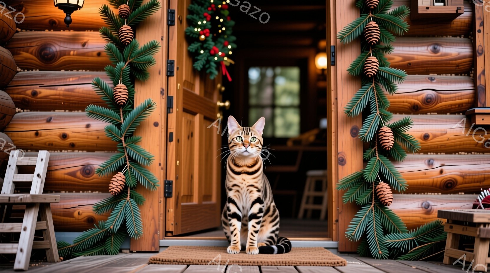 暖炉のある木の家の玄関に、ベンガル猫が座ってこちらを見ています。背景にはクリスマスの飾り付けがされ、松ぼっくりと緑の葉っぱのガーランドがドアを彩っています。全体的に温かく、ホリデーシーズンらしい雰囲気で、猫の落ち着いた表情がより一層その雰囲気を引き立てています。