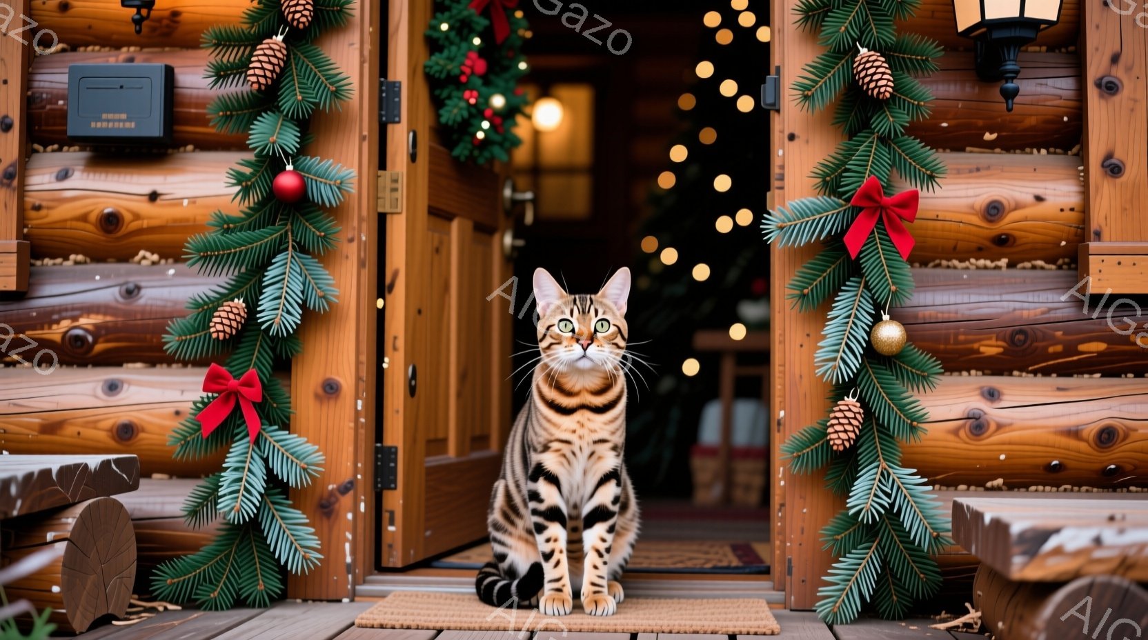 暖炉の木製のドアの前に、美しい斑模様の猫が座っています。ドアはクリスマスリースと装飾で飾られ、温かくお祝いの雰囲気を醸し出しています。猫は正面を見ており、リラックスしたポーズで、静かで穏やかな印象を与 - AI生成フリー素材