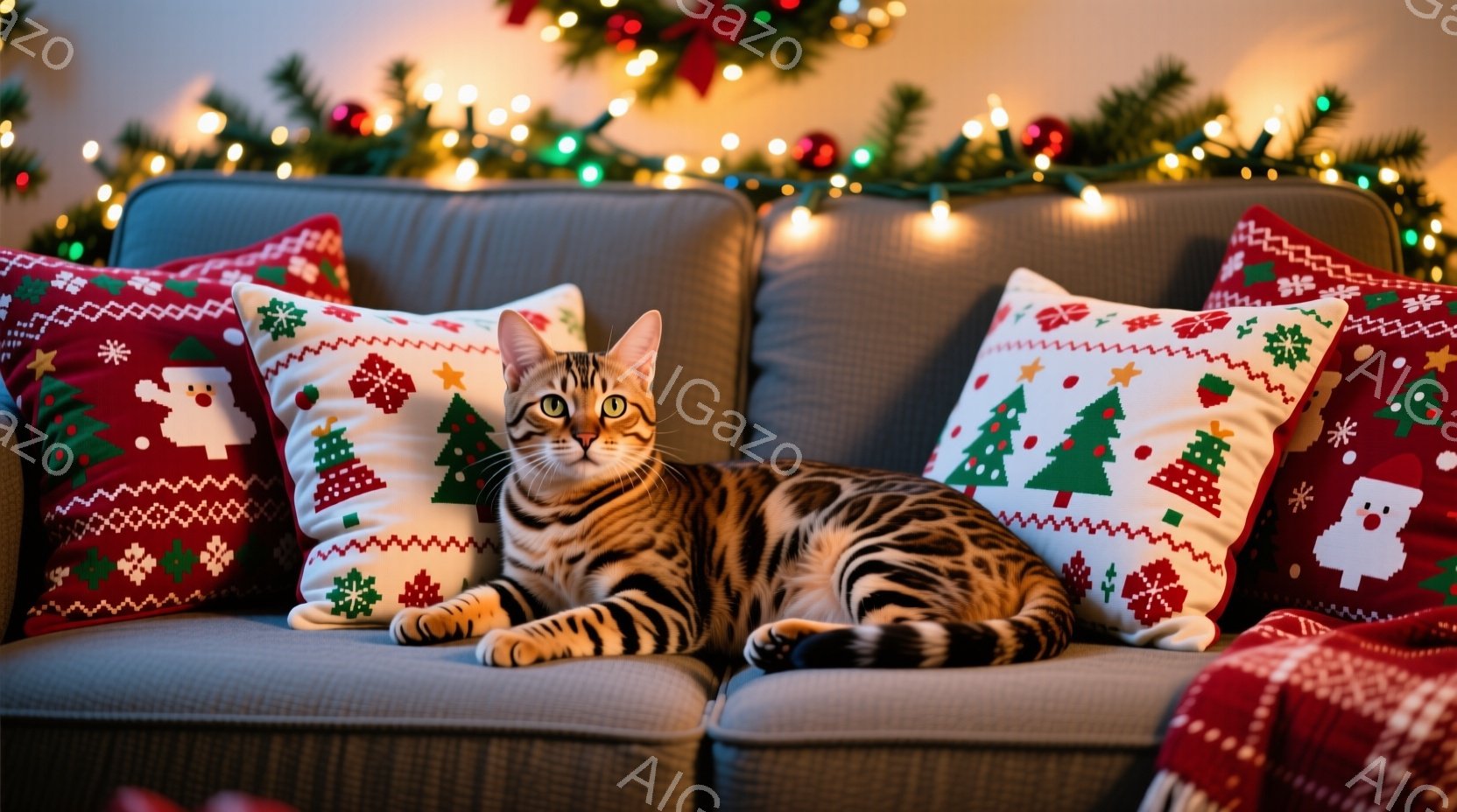 ソファの上で、縞模様の茶色の猫がリラックスして横たわっています。猫は前足を伸ばし、落ち着いた表情でカメラを見つめています。背景にはクリスマスツリーと飾り付けがあり、赤いクリスマス柄のクッションに囲まれ - AI生成フリー素材