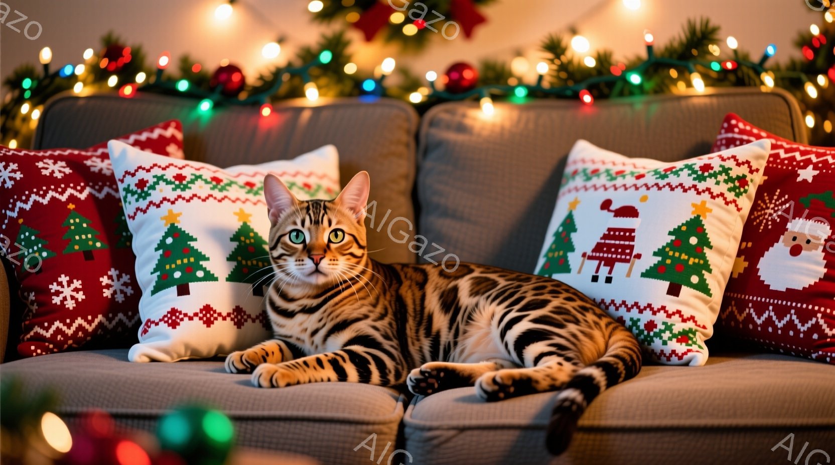 ソファに横たわる、美しい模様のベンガル猫が中央にいます。猫はリラックスした様子で、青い目をカメラに向けています。背景にはクリスマスツリーの飾り付けと、クリスマスを象徴するクッションが並び、温かくお祝いムードにあふれています。