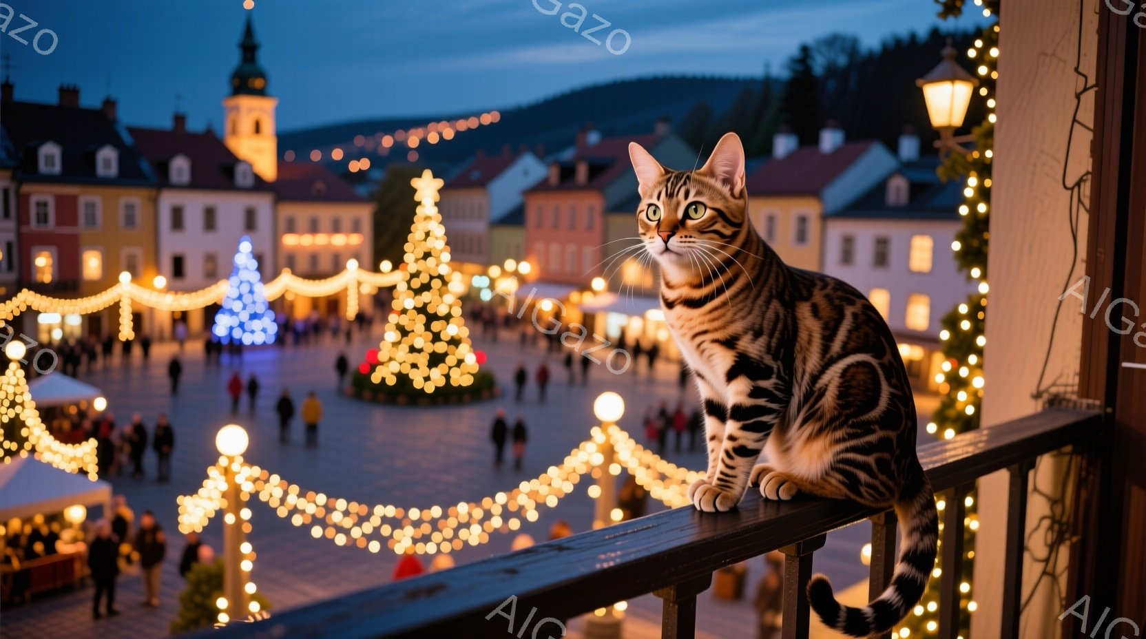 茶色のトラ柄の猫がバルコニーの手すりに座り、見下ろすように正面を見据えています。背景には、クリスマスマーケットのような賑わいのある広場があり、カラフルなイルミネーションで飾られた建物やクリスマスツリーが並び、多くの人々が楽しんでいる様子が伺えます。全体的に、暖かく、お祝いムードにあふれた冬の夜の光景です。