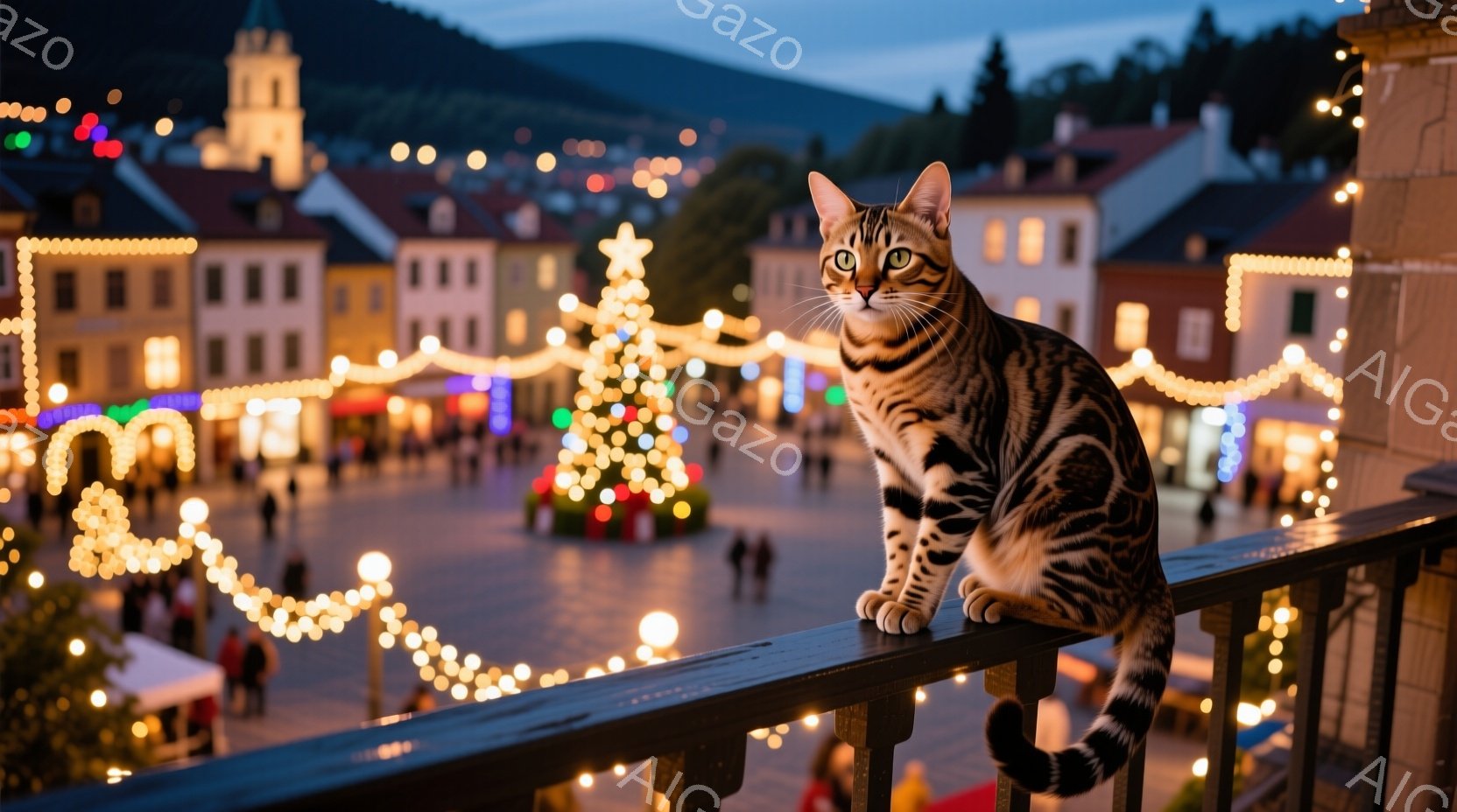 縞模様の猫が、イルミネーションで飾られた広場を見下ろすバルコニーの手すりに座っています。広場にはクリスマスツリーが灯り、人々が点在しており、冬の夜の暖かく幻想的な雰囲気を醸し出しています。背景にはカラフルな建物が並び、遠くには山々が見え、穏やかな冬の夜空が広がっています。
