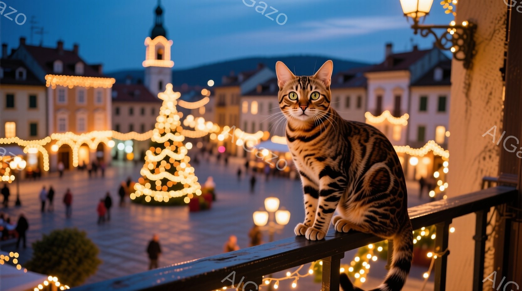 縞模様の猫が、ライトアップされた広場のバルコニーに座ってこちらを見ている。広場にはクリスマスツリーが聳え立ち、多くの人々が散策している。建物は歴史的な雰囲気で、夜空には薄暗い光が広がり、温かく幻想的な雰囲気を醸し出している。
