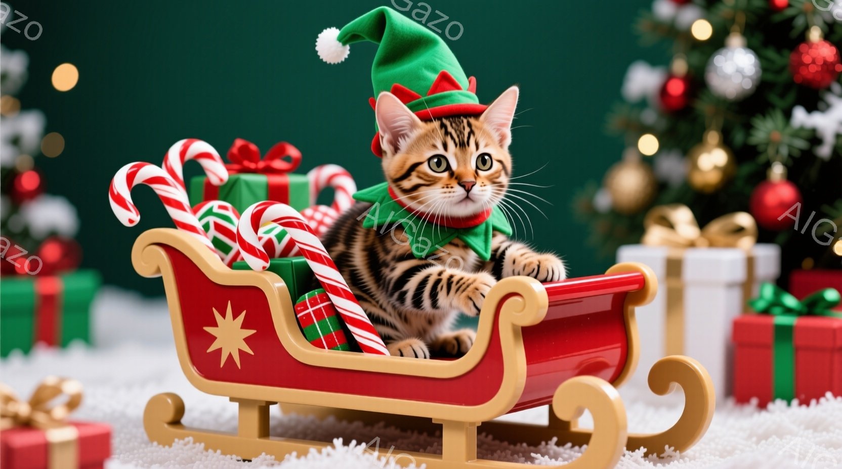 茶色の縞模様の小さな子猫が、赤いそりに座ってこちらを見ています。緑色のエルフのような帽子と赤いリボンをつけており、クリスマスのプレゼントやキャンディケーンに囲まれています。背景には、飾り付けられたクリ - AI生成フリー素材