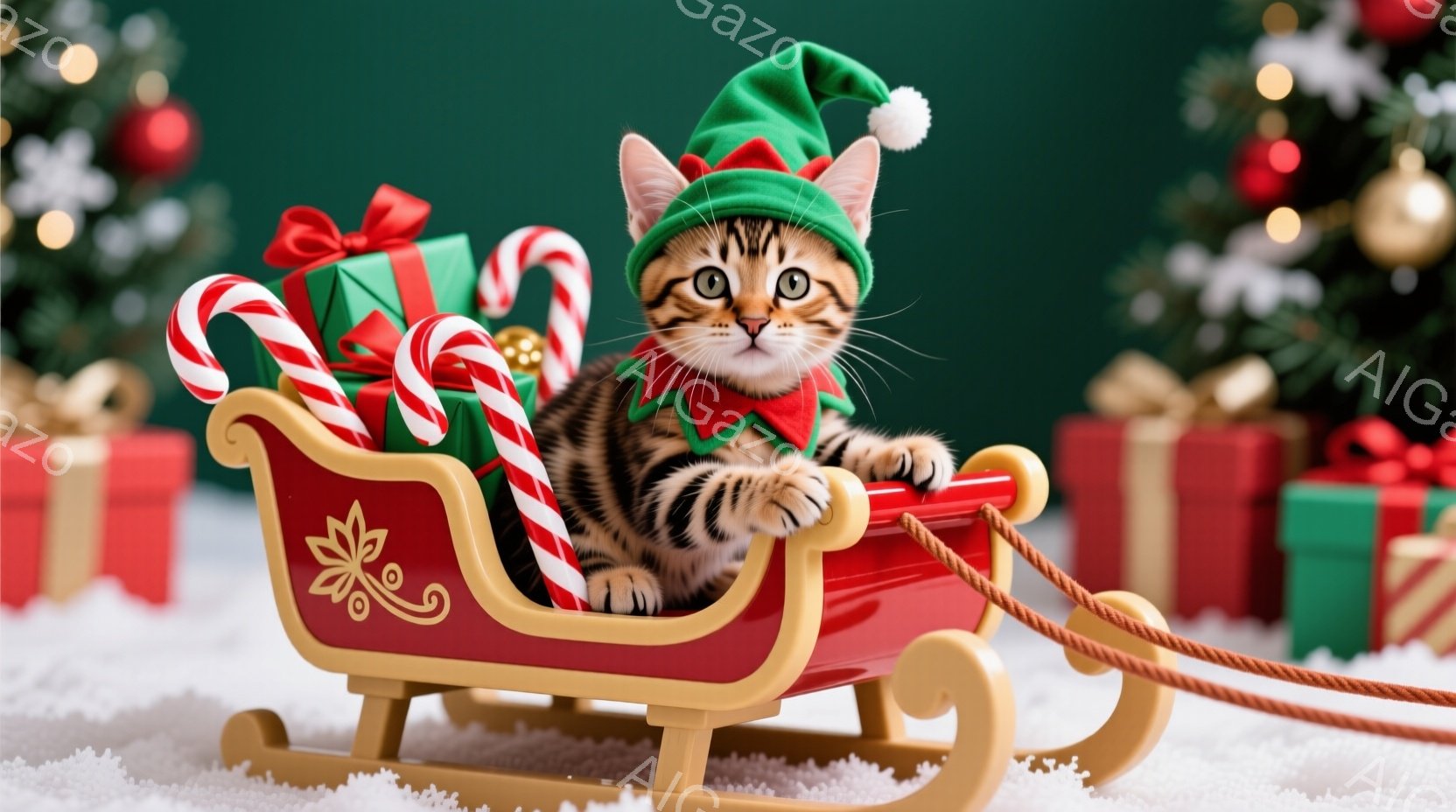 小さな縞模様の子猫が、クリスマスの赤いそりに乗ってこちらを見ています。子猫は緑色のサンタの帽子と赤い蝶ネクタイを身に着け、可愛らしい表情をしています。背景には、プレゼント、キャンディケーン、そしてキラ - AI生成フリー素材