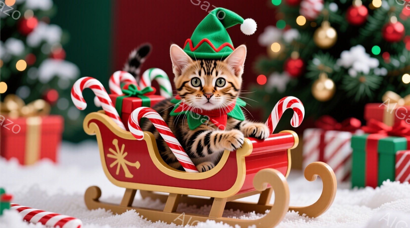 小さな茶トラ猫が、クリスマスの赤いソリに座って、楽しそうにこちらを見ています。猫は緑色の帽子と赤いバンダナを身に着けており、ソリにはプレゼントとキャンディケーンが積み込まれています。背景には、クリスマスツリーやプレゼントボックスが置かれた、雪景色が広がっており、全体的に暖かく、お祝いムードに満ちています。
