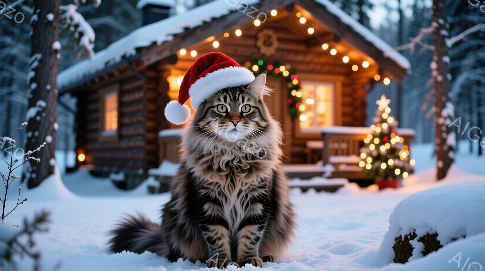 長毛の猫が雪の上に座り、赤いサンタ帽を被っています。背景にはクリスマスイルミネーションで飾られたログハウスがあり、雪景色が広がっています。暖かく、お祝いムードにあふれた、冬の季節感を捉えた写真です。 - AI生成フリー素材