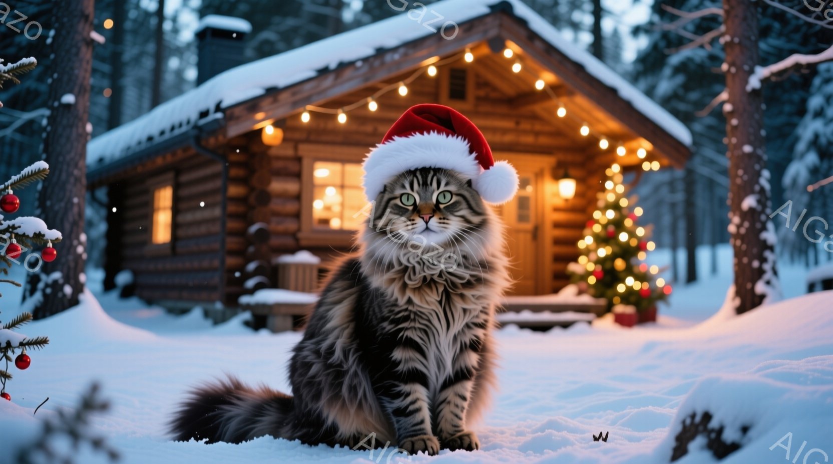 灰色の縞模様の長い毛並みの猫が、赤いサンタの帽子を被って雪の上に座っています。背景には、クリスマスツリーとイルミネーションで飾られた、雪に覆われた丸太小屋が見え、冬の暖かく穏やかな雰囲気を醸し出してい - AI生成フリー素材