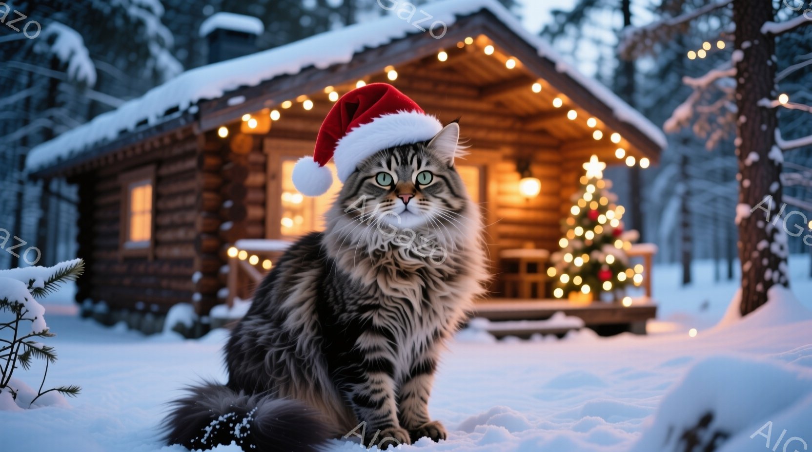 長い毛並みの縞模様の猫が、赤いサンタの帽子をかぶって雪の上に座っています。背景には、クリスマスの飾りでライトアップされた丸太小屋があり、雪景色の中に温かい光が差し込んでいます。全体的に、冬の暖かく穏やかなクリスマスの雰囲気が漂っています。