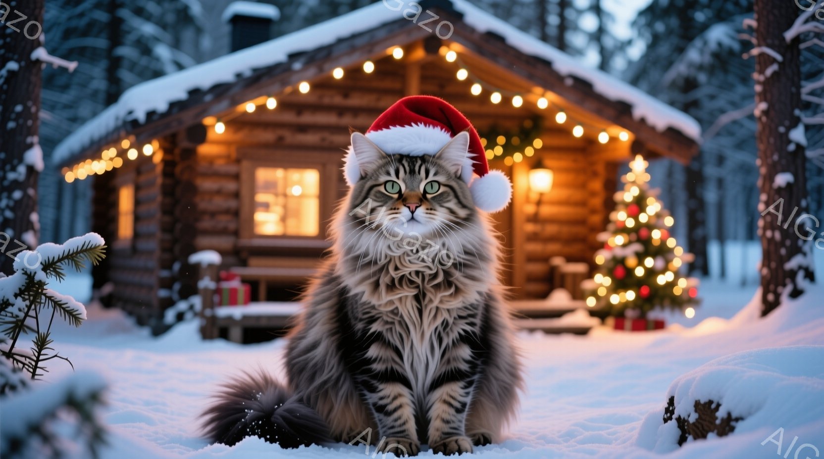 長毛の灰色の猫が雪の上に座り、赤いサンタの帽子をかぶっています。背景には、クリスマスツリーやプレゼントが飾られた、暖かい光を放つログハウスがあり、雪が降り積もる冬の風景が広がっています。全体的に、温かく、お祝いムードにあふれた、心安らぐ雰囲気です。