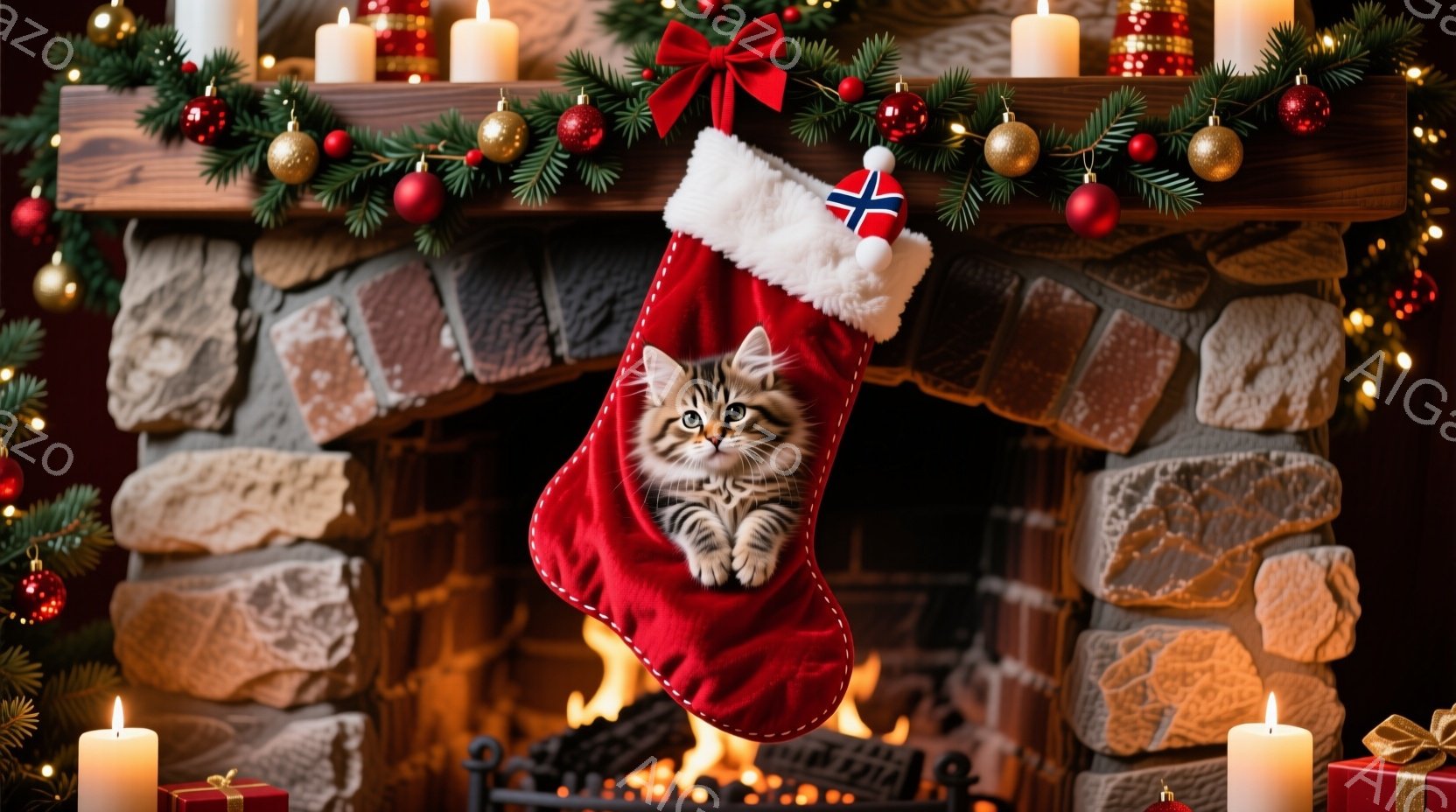 赤いクリスマスストッキングの中に、縞模様の小さな子猫が顔を出しています。ストッキングは暖炉のレンガ壁に掛けられ、周りにはキャンドルとクリスマス飾りが配置されています。暖炉の火が暖かく、冬のホリデーシー - AI生成フリー素材
