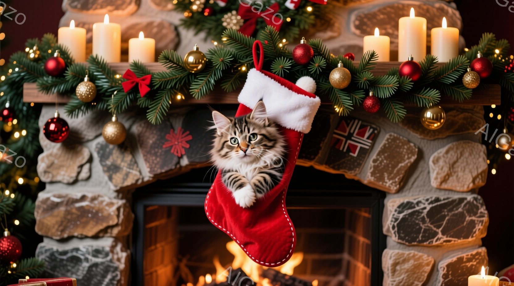 クリスマスを祝う暖炉のそばに、赤いクリスマスストッキングが飾られています。ストッキングの中から、縞模様の猫が顔を出し、好奇心いっぱいの表情でこちらを見ています。背景には、クリスマスツリーの飾りやキャン - AI生成フリー素材