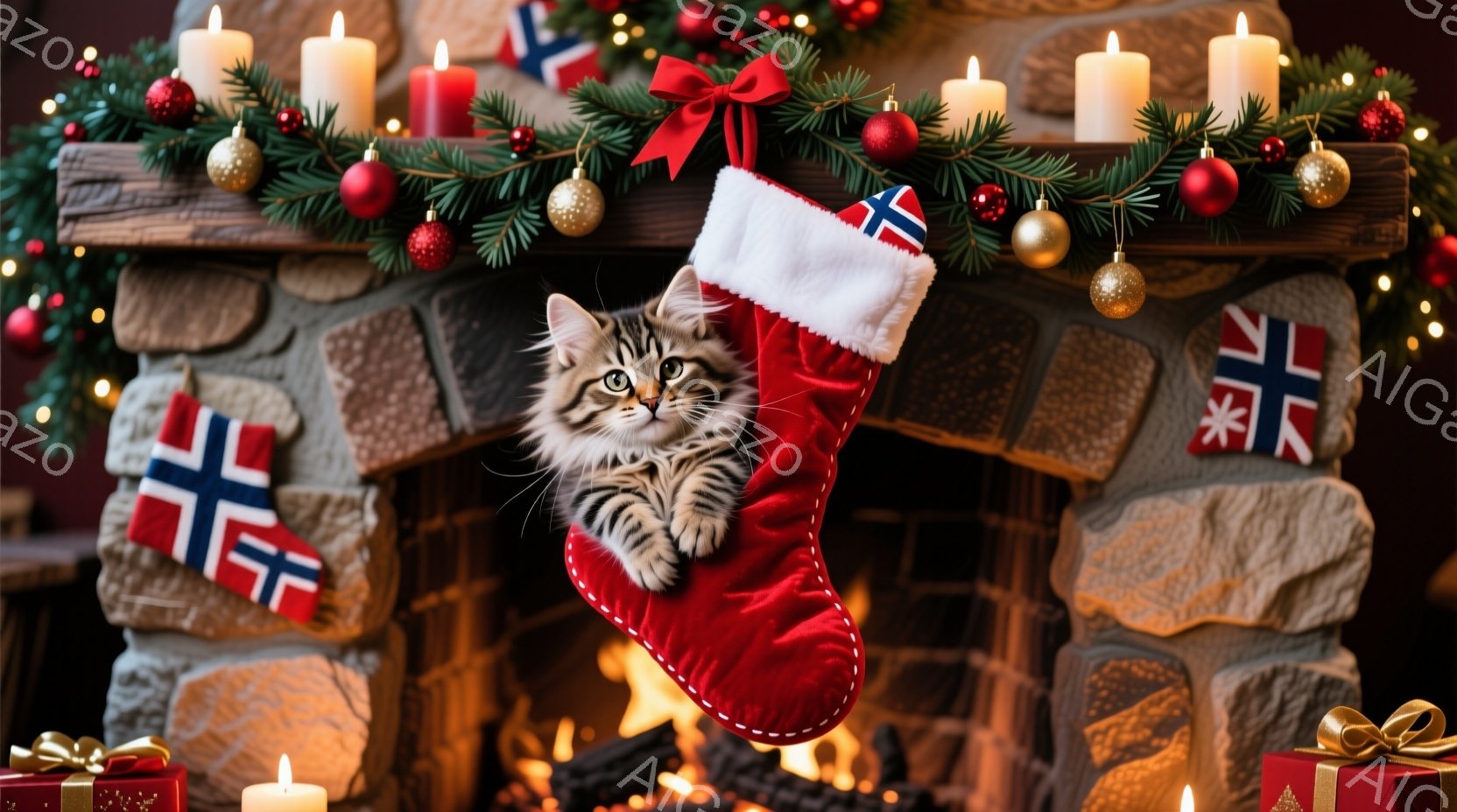 赤いクリスマスストッキングの中から、縞模様の小さな子猫が顔を出しています。暖炉のレンガの背景には、クリスマスオーナメントやキャンドルが飾られ、暖かい光が子猫を照らしています。全体的に、穏やかで幸せなクリスマスの雰囲気が漂っています。