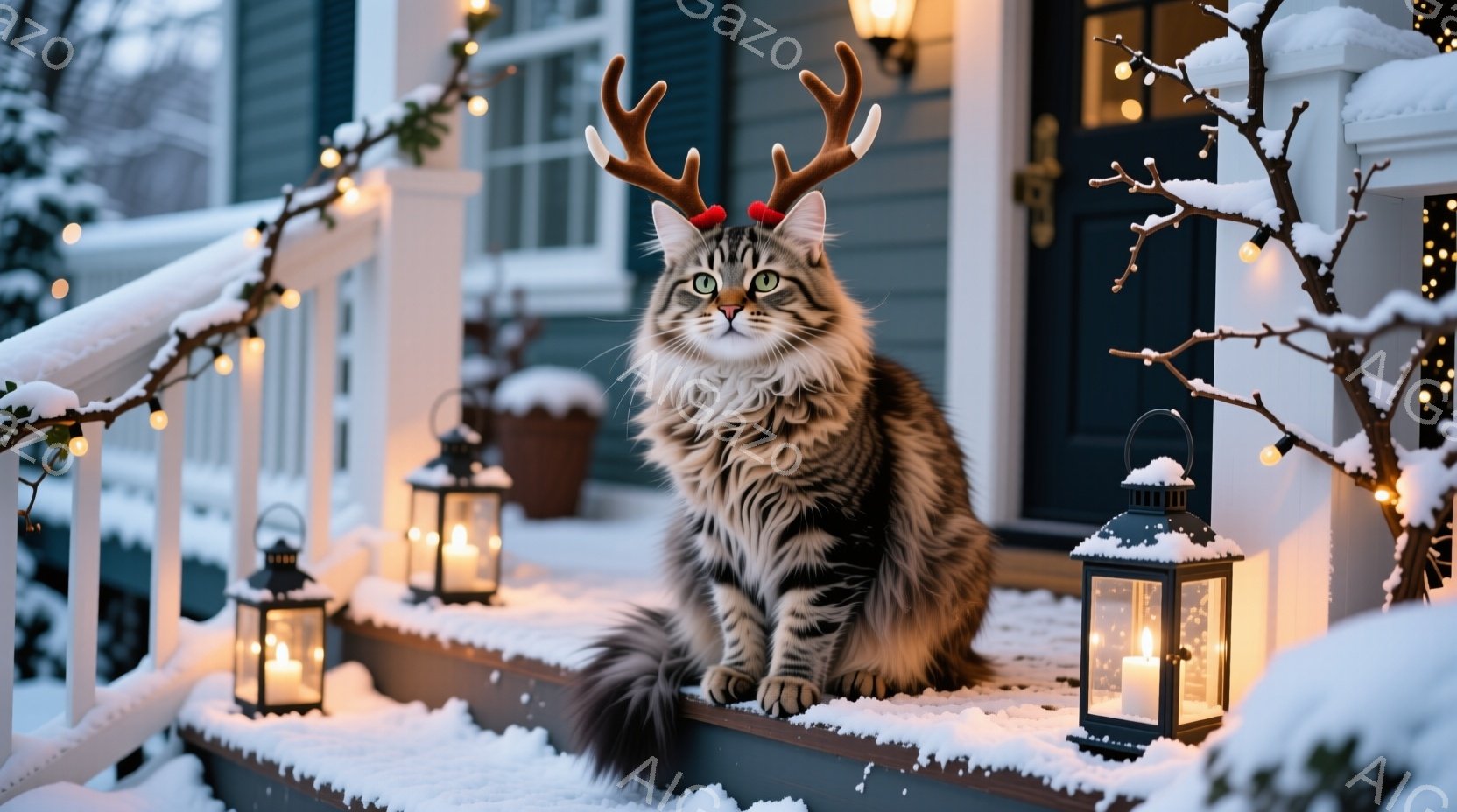 雪が降り積もった家の玄関ポーチに、縞模様の大きな猫が座っています。頭には小さなトナカイの角が付いており、緑色の瞳が印象的です。背景には点灯したランタンやクリスマスイルミネーションがあり、冬の暖かく穏や - AI生成フリー素材