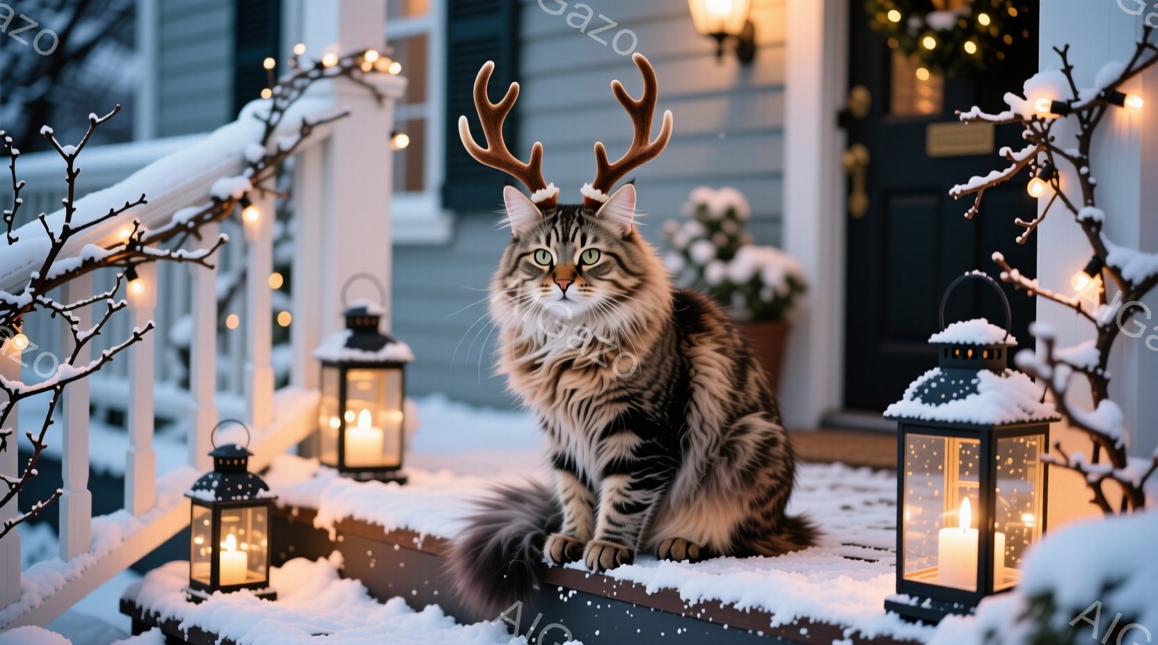 縞模様の大きな猫が雪に覆われた家の階段に座っており、頭には角の飾りをつけています。背景には明かりが灯ったランタンや雪で飾られた植物が見え、冬の暖かい雰囲気を作り出しています。猫は正面を見つめ、少し誇らしげな表情をしています。