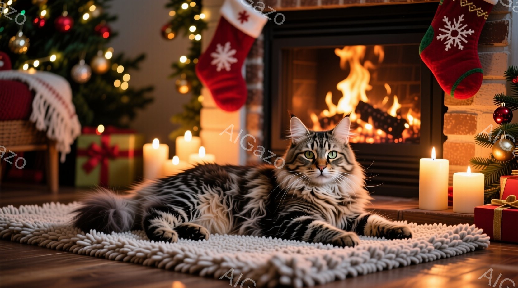 暖炉の前に敷かれた白いラグの上で、縞模様の猫がリラックスして横たわっています。背景にはクリスマスツリー、プレゼント、そして点けられたキャンドルが配置され、暖かく穏やかな雰囲気を醸し出しています。猫はカ - AI生成フリー素材