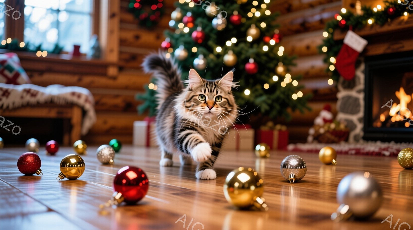 縞模様の猫がクリスマスの飾り付けが散らばる木の床の上を歩いています。背景には、飾られたクリスマスツリーと暖炉が見え、暖かくお祝いの雰囲気が漂っています。猫は前を向き、好奇心と遊び心に満ちた表情をしてい - AI生成フリー素材
