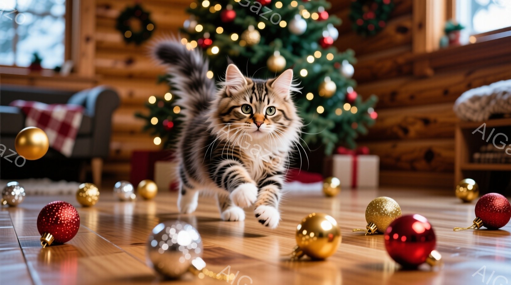 縞模様の可愛らしい子猫が、クリスマスの飾り付けがされた部屋の木の床の上を歩いている。周囲には赤や金色のオーナメントが散らばっており、背景にはクリスマスツリーとプレゼントの箱が見える。暖かく、遊び心のあ - AI生成フリー素材