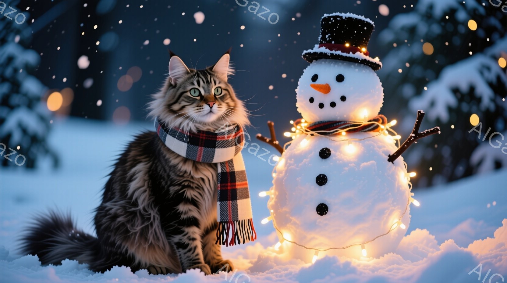 縞模様の猫が赤いチェック柄のマフラーを巻いて雪の上に座っており、その隣にはライトで飾られた雪だるまが立っています。背景は暗い木々と雪が舞う冬の夜空で、全体的に温かく、穏やかな雰囲気が漂っています。雪だ - AI生成フリー素材