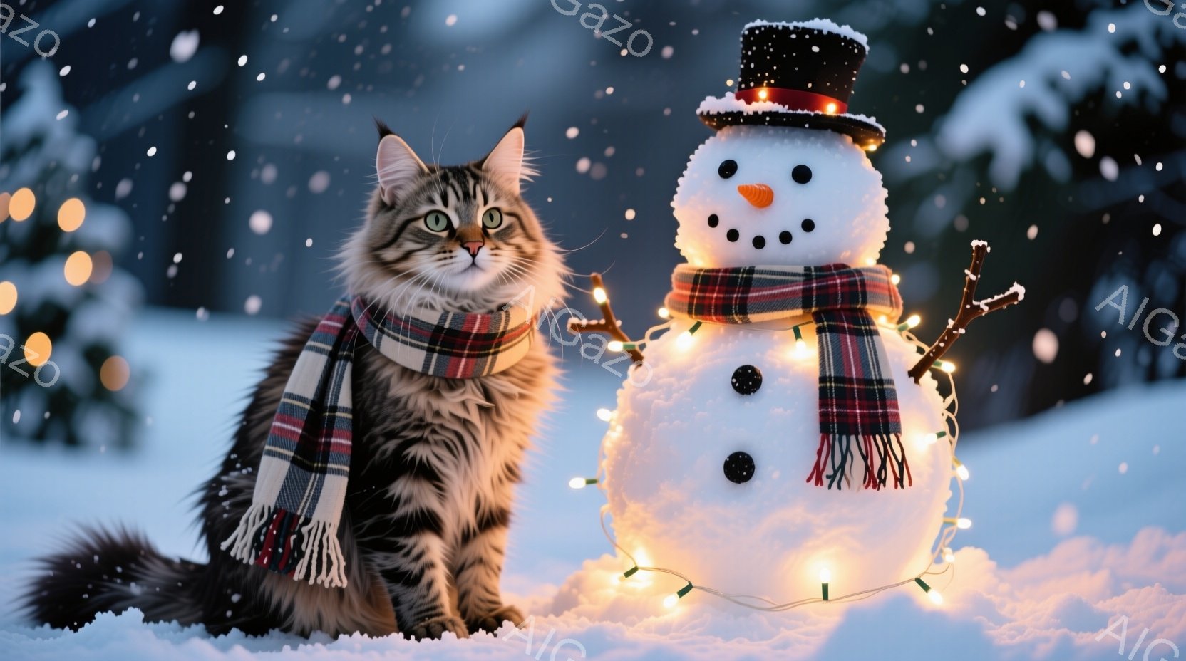 長毛の猫が赤いチェック柄のショールを巻き、雪の上に座っています。猫は穏やかな表情で、少し前を見つめています。背景には、電飾で飾られた雪だるまがあり、遠くにはぼやけた木々が見え、雪が降る冬の穏やかな雰囲 - AI生成フリー素材