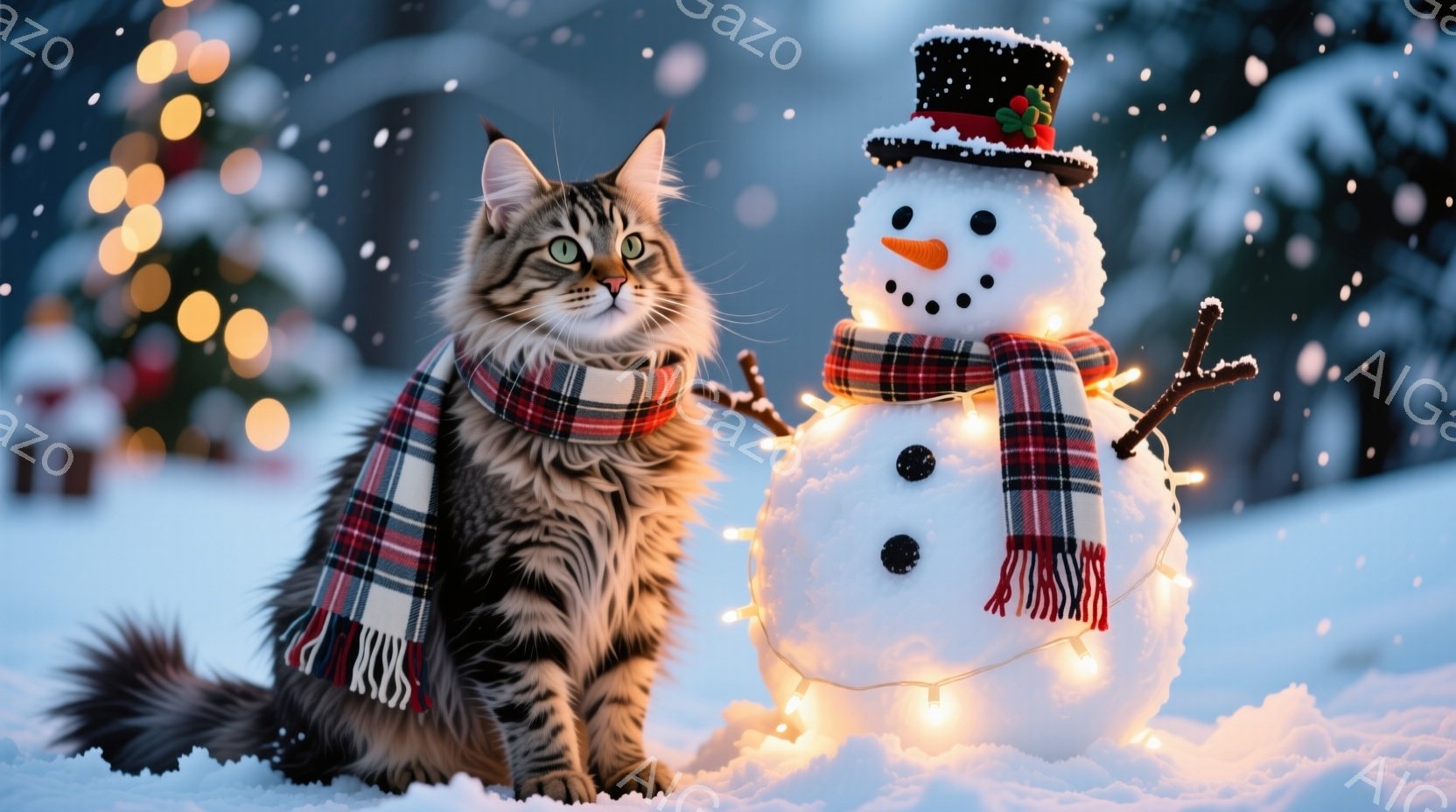 長い毛並みの縞模様の猫が、赤いチェック柄の暖かいマフラーを巻いて雪の上に座っています。猫は正面を見据え、落ち着いた表情をしています。背景には雪景色とぼんやりと見える建物、そして暖かい光を放つ電飾で飾ら - AI生成フリー素材