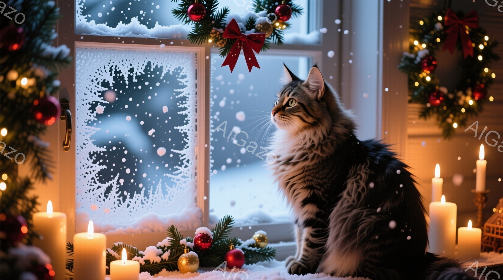 窓辺に灰色の縞模様の長い毛並みの猫が座っており、外を見つめている。背景にはクリスマスツリーと飾り、そしてちらつくキャンドルが暖かく灯っており、雪が降る冬の夜の穏やかな雰囲気を醸し出している。窓には雪の結晶模様が描かれており、クリスマスの季節らしさを強調している。