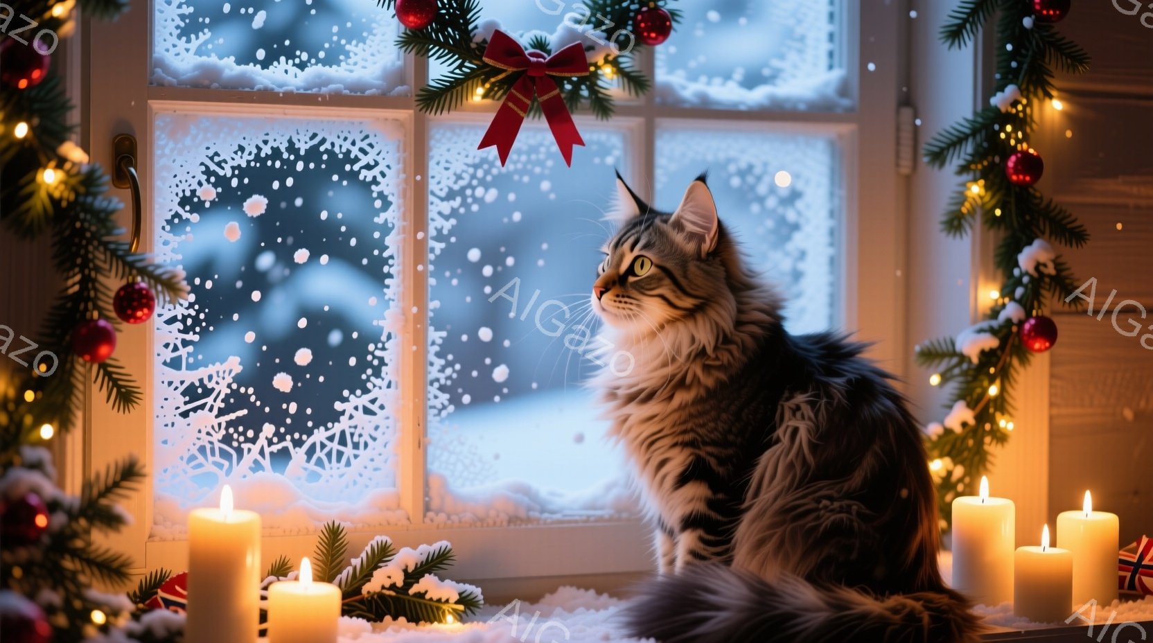 屋根の上には、サンタクロースの帽子をかぶった縞模様の猫が横たわっています。周りにはクリスマスツリーの明かりとキャンドルが灯ったランタンが並び、屋根は雪で覆われています。暖かく幻想的な冬の雰囲気が漂う、幸せな光景です。