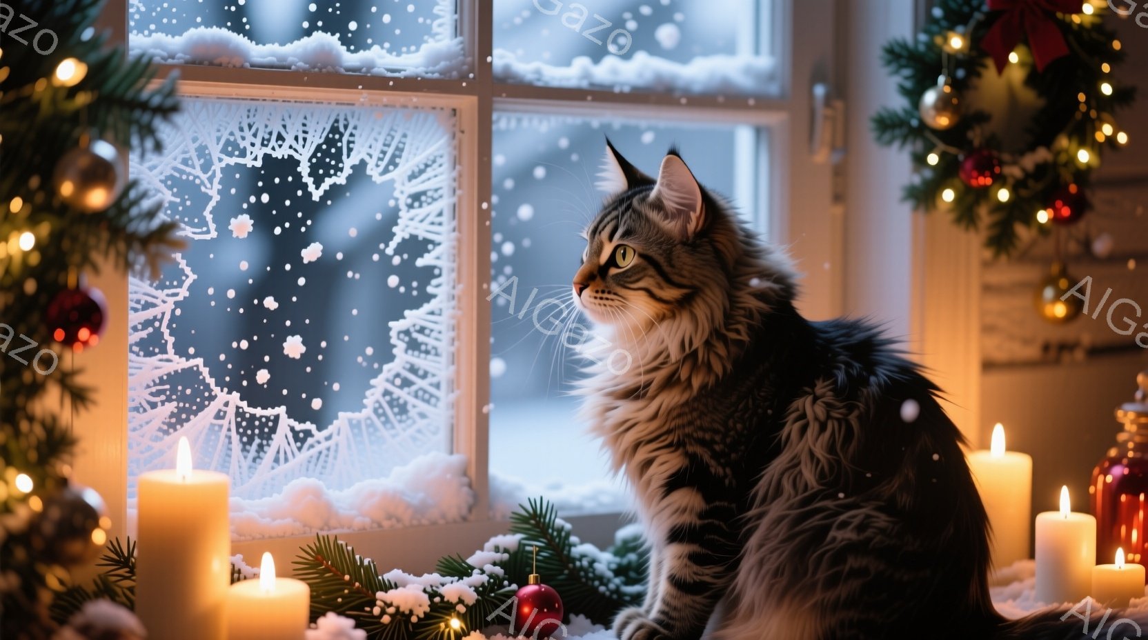 縞模様の猫が窓辺に座り、外を眺めている。窓には雪の結晶模様が描かれ、背景には緑のガーランドと点灯したキャンドルが暖かく灯っている。全体的に暖かく、冬の静謐さと猫の落ち着いた雰囲気が漂う、安らぎに満ちた光景である。