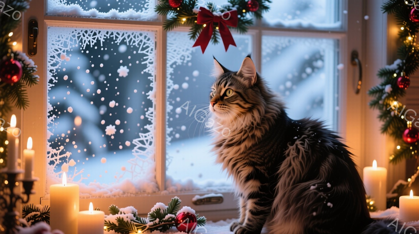 ふわふわの縞模様の猫が、雪景色が見える窓のそばに座っています。窓枠にはクリスマスデコレーションが施され、背景には雪が舞う冬景色が広がっています。暖炉の光とキャンドルの灯りが猫を優しく照らし、暖かく穏や - AI生成フリー素材