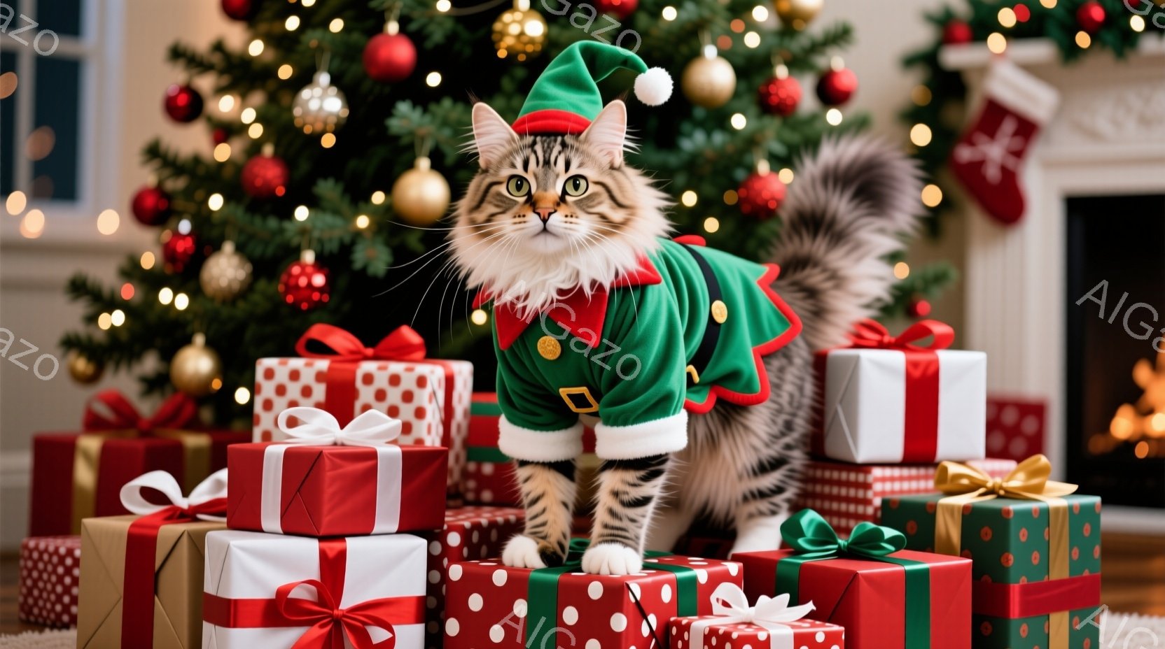 縞模様の猫がクリスマスエルフの衣装を着てプレゼントの山の上に立っています。エルフの衣装は緑色と白で、帽子と襟飾りがあります。背景には、オーナメントで飾られたクリスマスツリーと暖炉が見え、全体的に暖かく - AI生成フリー素材