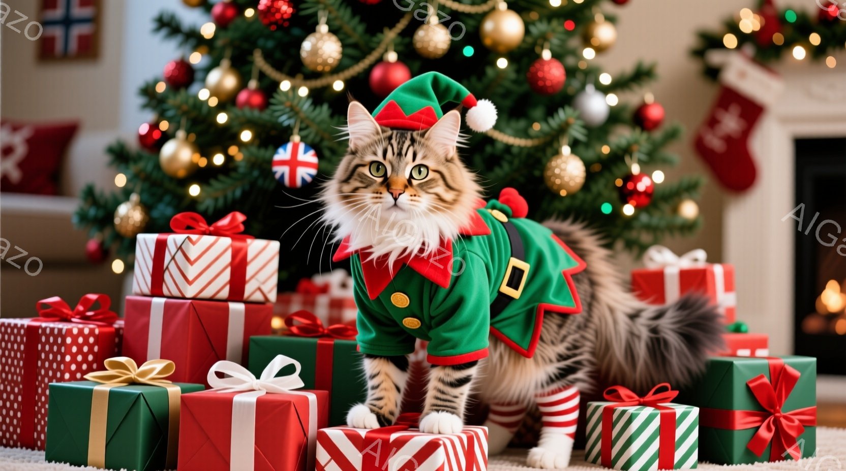 猫がクリスマスプレゼントの山の上に座っており、緑と赤のストライプの帽子と服を着ています。その表情は少し高慢で、まるでプレゼントの番人であるかのようです。背景には、飾られたクリスマスツリーと暖炉があり、 - AI生成フリー素材