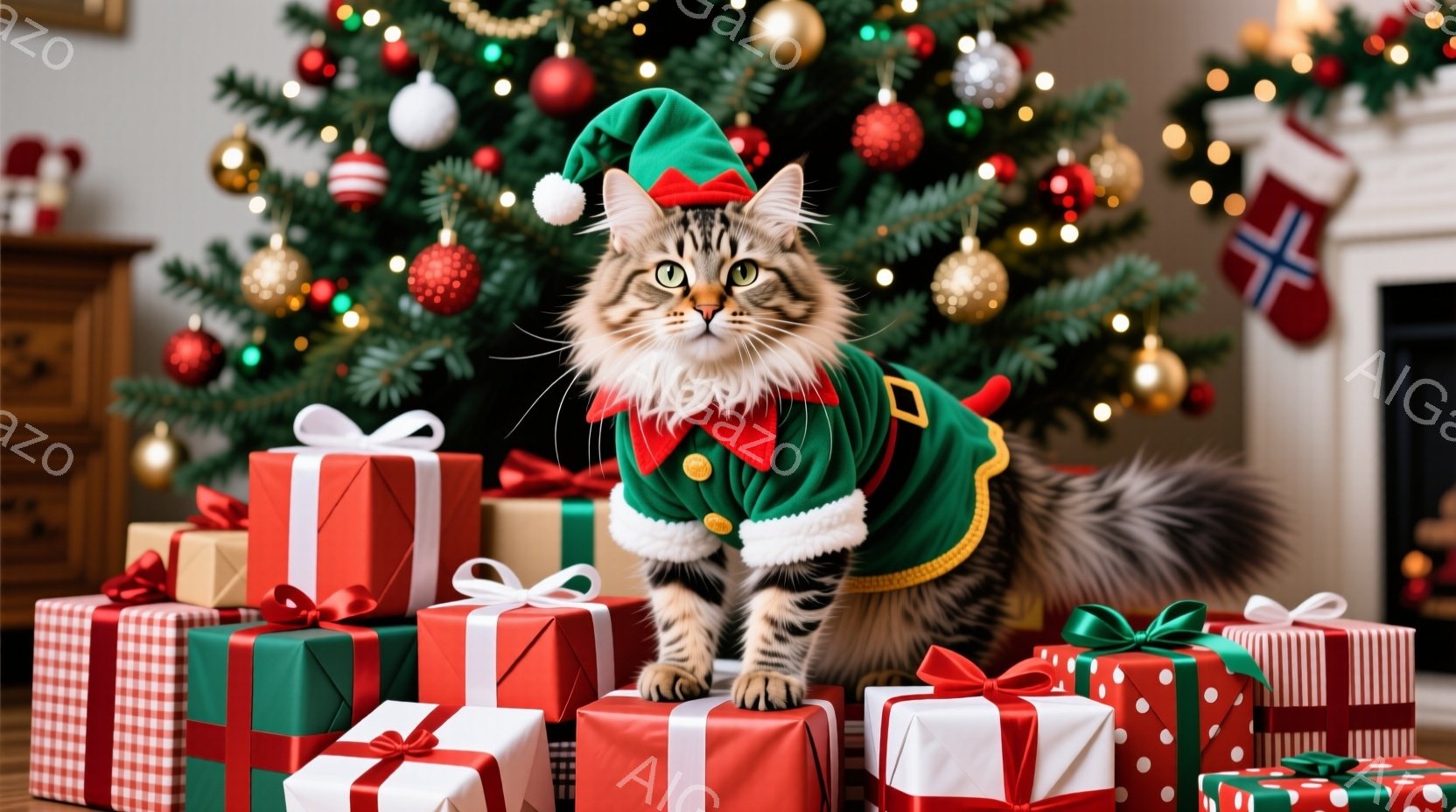 長毛の猫がクリスマスプレゼントの山の上に座って、サンタの妖精のような緑色の衣装を着ています。猫は正面を見ていて、少し警戒した表情をしていますが、全体的にはリラックスした雰囲気です。背景には、飾り付けら - AI生成フリー素材