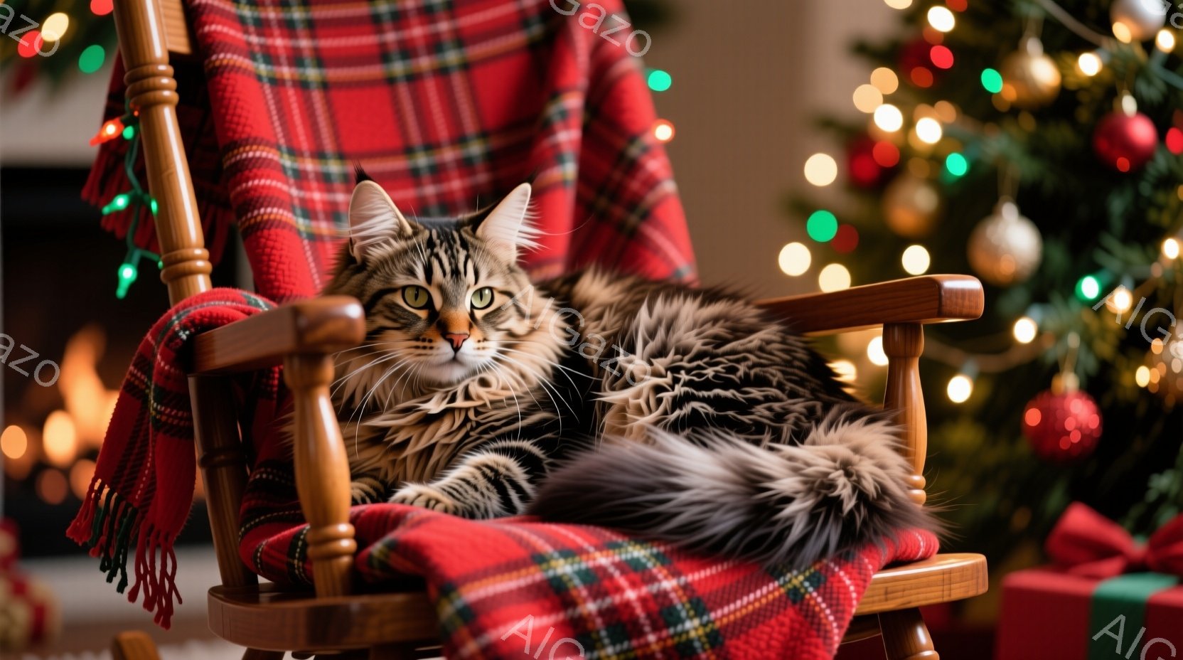 茶色いロッキングチェアに縞模様の猫がゆったりと座っており、赤いチェック柄のブランケットが猫の周りに掛けられています。背景には、ぼやけたクリスマスツリーと、光り輝くホリデーライトが見えます。全体的に、暖 - AI生成フリー素材