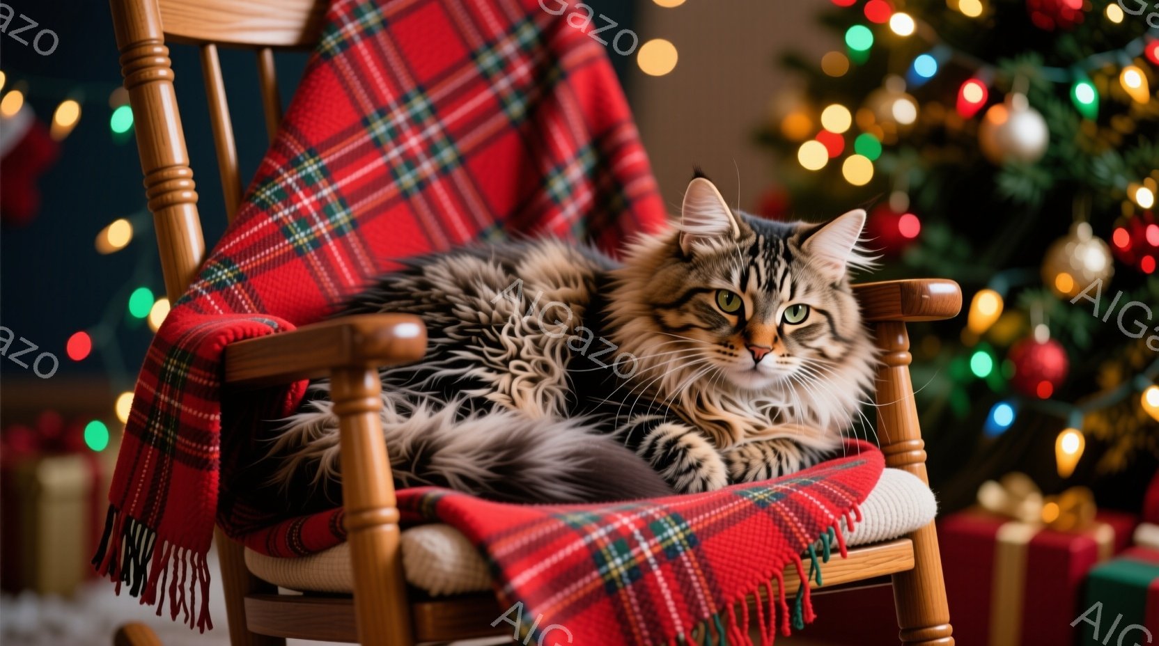 長毛の猫が木製のロッキングチェアに丸まって座っています。赤と白のチェック柄のブランケットが猫を覆い、リラックスした表情をしています。背景には、ぼやけたクリスマスツリーとプレゼントが見え、温かく、お祝い - AI生成フリー素材