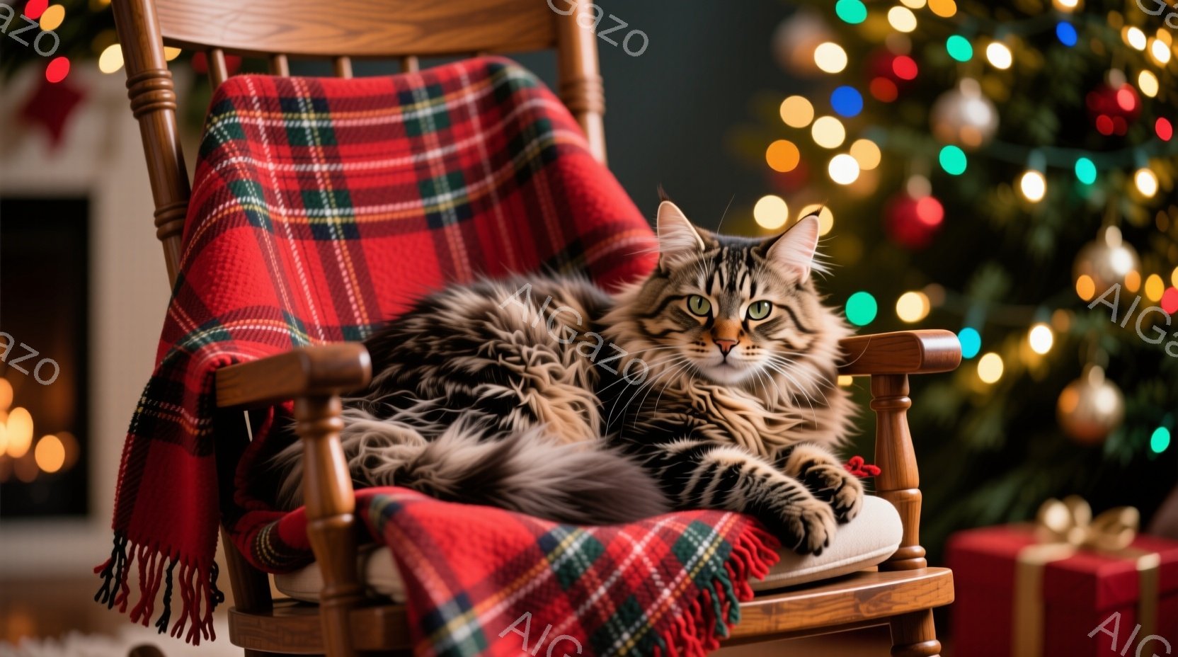 長毛の茶トラ猫が木製のロッキングチェアにゆったりと横たわっており、赤いチェック柄のブランケットが猫の体を覆っています。猫はリラックスした表情で、緑色の目をカメラに向けており、ロッキングチェアの背もたれに寄りかかっています。背景には、ぼやけたクリスマスツリーとプレゼントボックスが見え、暖かく穏やかなホリデーシーズンを思わせる雰囲気です。