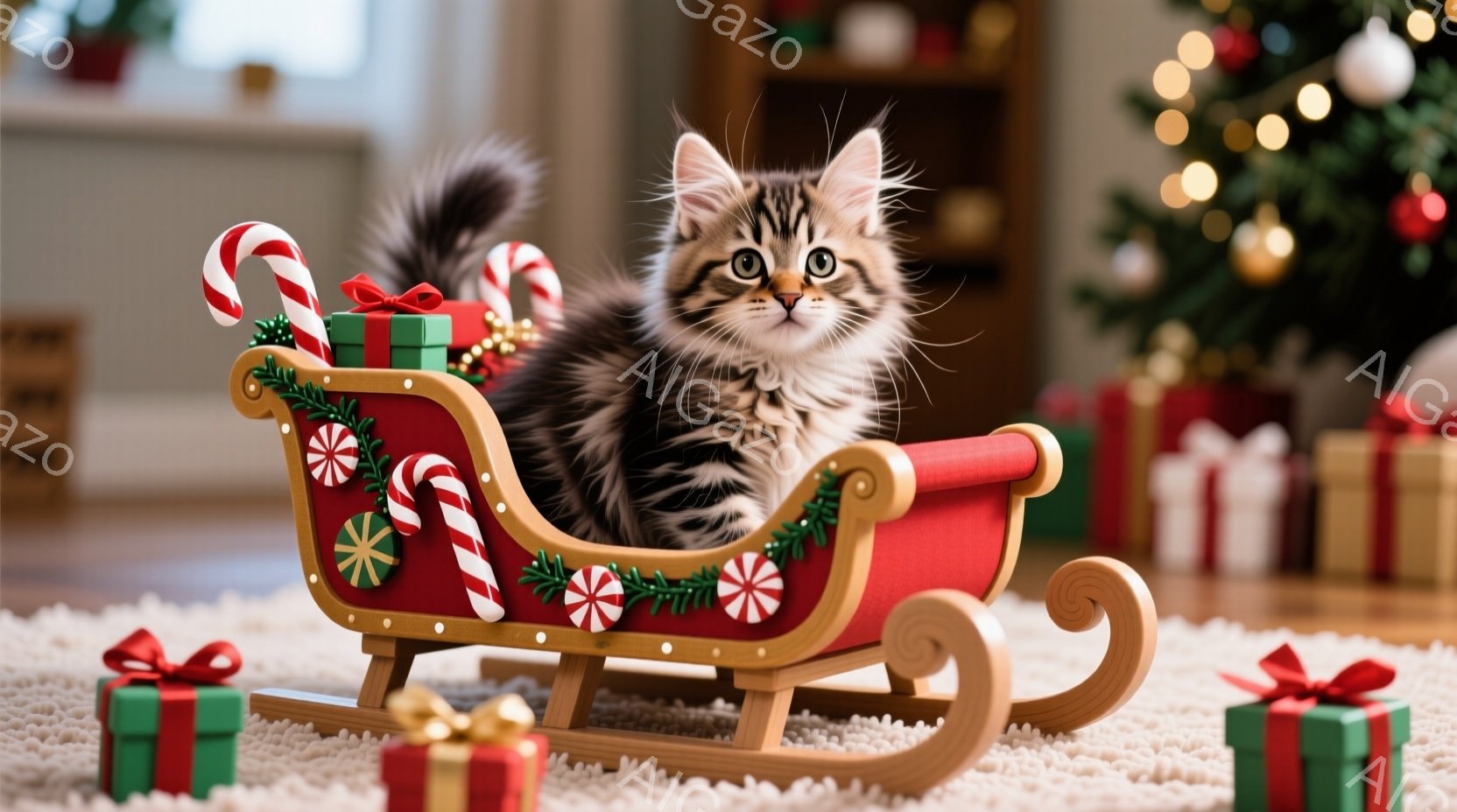 白と黒の縞模様の小さな子猫が、赤いクッションと装飾が施された木製のそりに座っています。その周りには緑色のリボンで結ばれたギフトボックスが散りばめられ、背景にはクリスマスツリーが見えます。全体的に暖かく - AI生成フリー素材