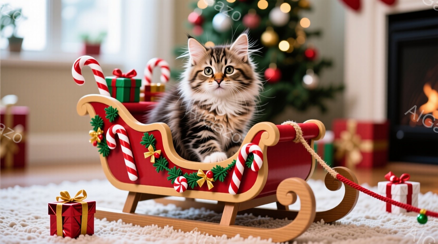 明るい背景に、縞模様の小さな子猫が赤いそりに座っています。そりは花輪とキャンディケーンで飾られ、プレゼントの箱が周囲に置かれています。暖かくお祝いの雰囲気があり、クリスマスの装飾が背景にぼんやりと見えます。