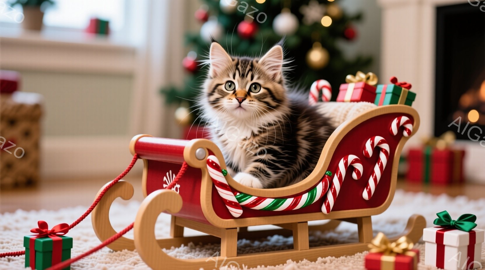 縞模様の小さな子猫が、赤いそりにちょこんと座っています。そりは緑と白のストライプで飾られ、白い毛布が敷かれています。背景にはクリスマスツリーが飾られ、床にはプレゼントの箱が置かれ、暖かい祝祭の雰囲気が - AI生成フリー素材