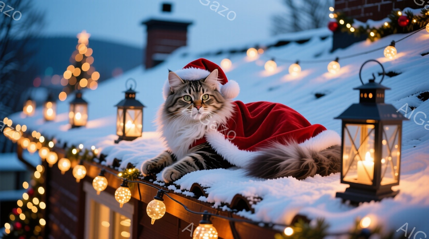 雪で覆われた屋根の上に、サンタ帽と赤いマントを身につけた縞模様の猫が横たわっています。猫はリラックスした表情で、前足を伸ばして屋根の端に座り、暖かく輝くイルミネーションに囲まれています。背景には、ぼん - AI生成フリー素材