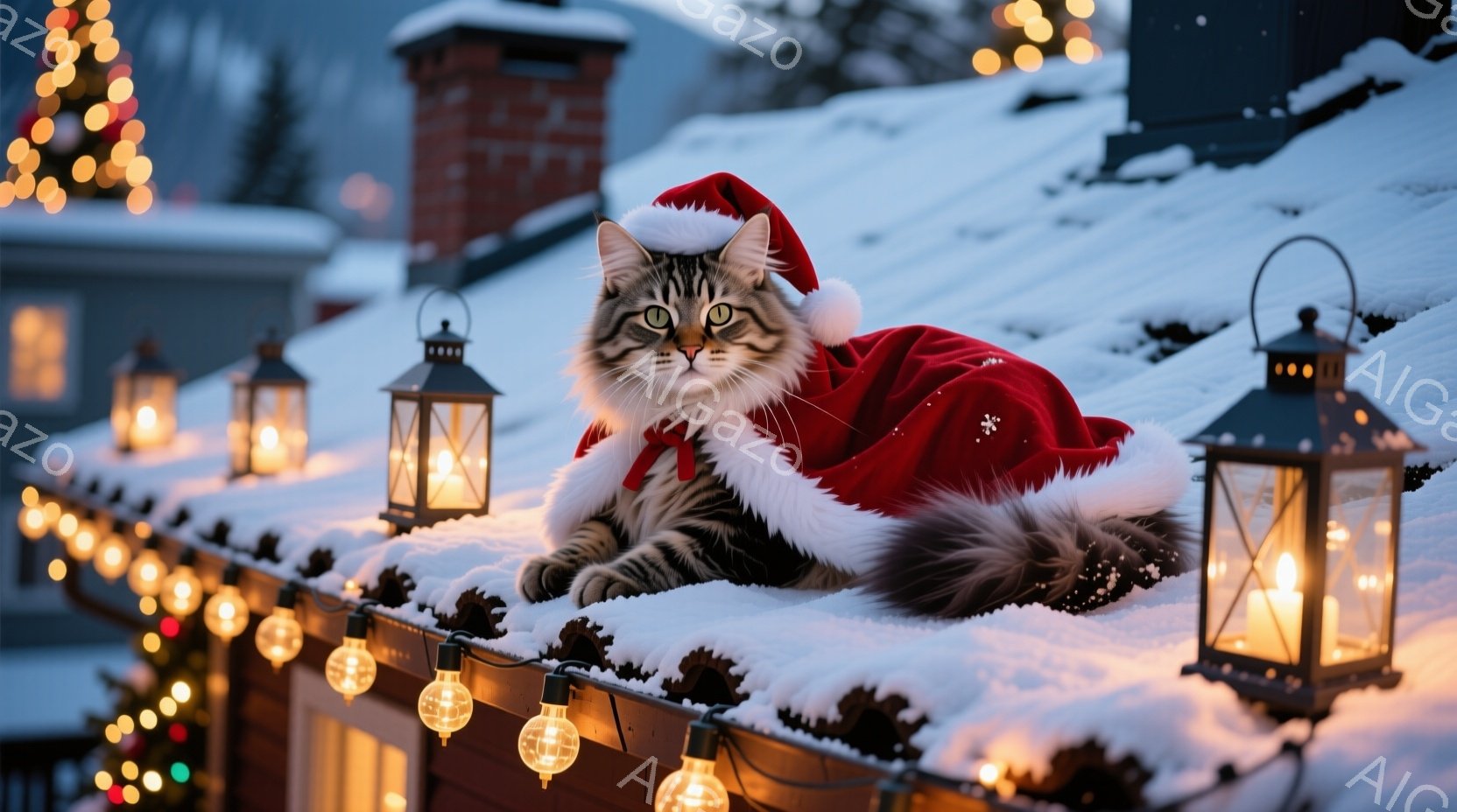 雪で覆われた屋根の上に、サンタの帽子をかぶった縞模様の猫が横たわっています。猫はリラックスした表情で、クリスマスの飾り付けである電飾とランタンに囲まれています。背景には、雪景色の中の建物とクリスマスツ - AI生成フリー素材