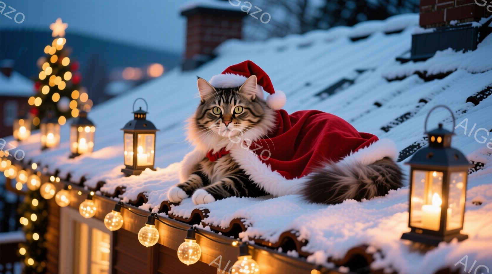 白いギフトボックスの中に、縞模様の小さな子猫が座っています。子猫は好奇心旺盛な表情で、カメラの方を見ており、周囲には赤いリボンや包装紙が散らばっています。背景にはぼやけたクリスマスツリーが見え、全体的 - AI生成フリー素材